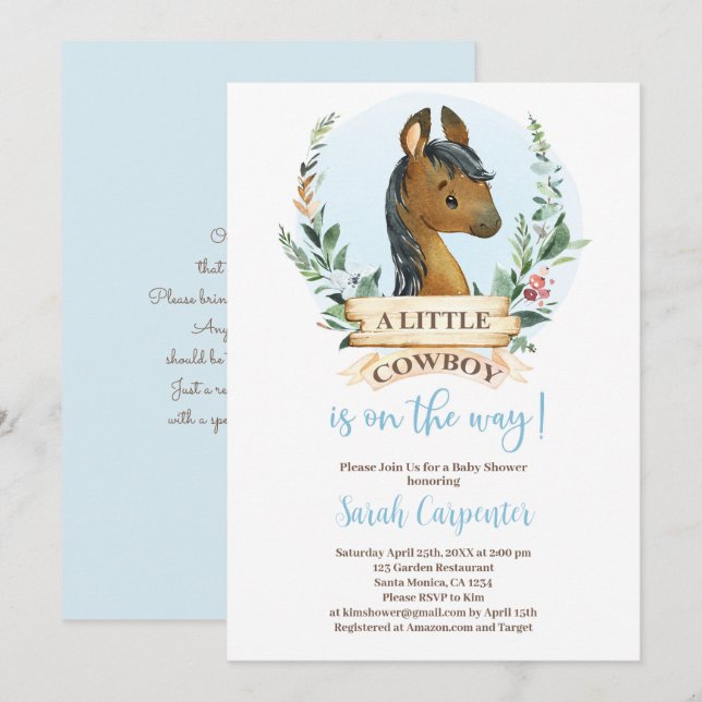 Baby shower garçon Cowboy Invitation (Devant / Derrière)