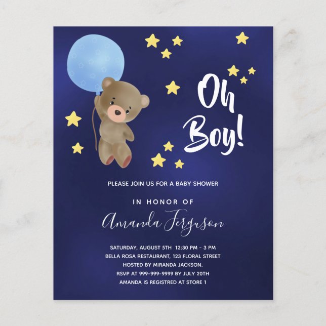 Baby shower garçon en peluche ours bleu invitation (Devant)