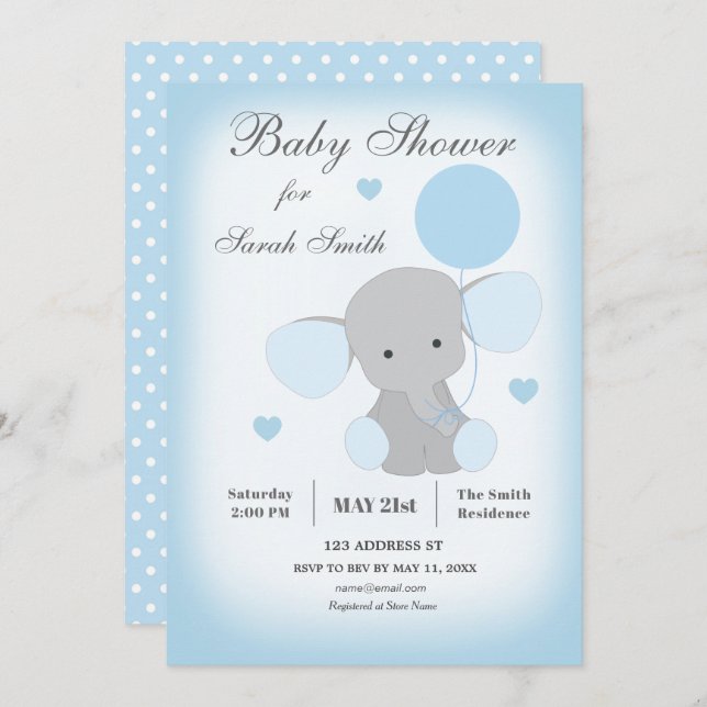 Baby shower garçon Invitation éléphant bleu (Devant / Derrière)