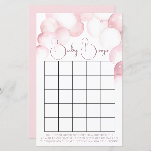 Baby shower Girl rose ballons arch jeu de bingo (Devant / Derrière)