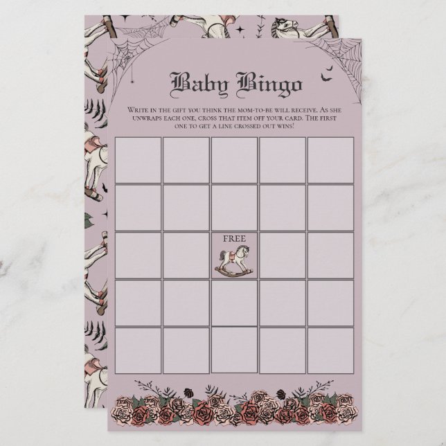 Baby shower gothique violet Rocse Horse Baby Bingo (Devant / Derrière)