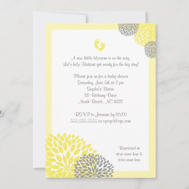 Baby shower gris jaune Dahlia Invitation pieds (Devant)