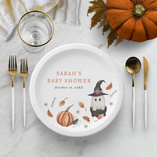 Baby Shower Halloween Assiette en Papier (Halloween A Little Boo Is Almost Due Baby Shower - Autumn Leaves Ghost Paper Plate Party Decor)