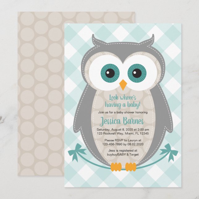 Baby shower Hibou invitation genre neutre bois (Devant / Derrière)