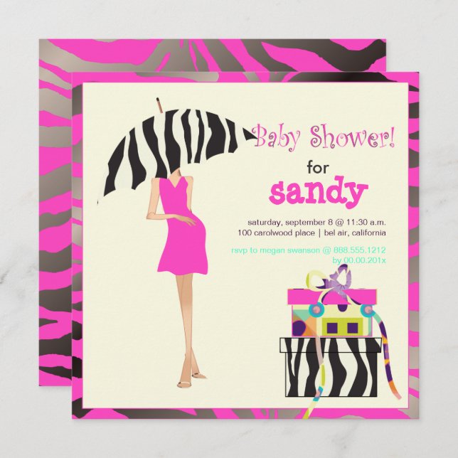 BABY SHOWER HIP MAMA, SILVER PINK ZEBRA INVITATION (Devant / Derrière)
