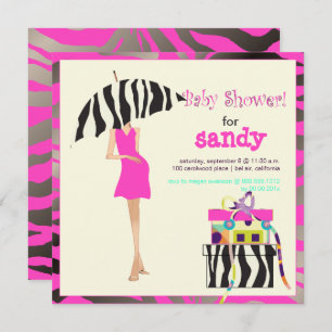 BABY SHOWER HIP MAMA, SILVER PINK ZEBRA INVITATION