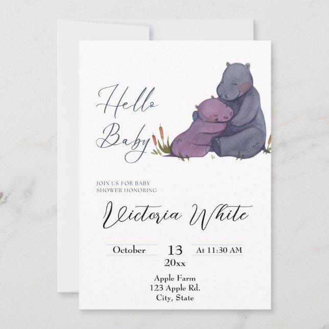 Baby shower Hippo Invitation  (Devant)
