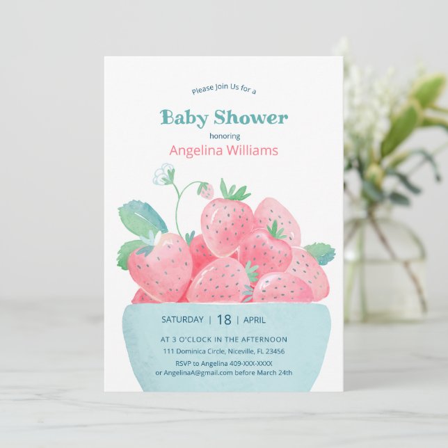 Baby shower invitation avec fraises mignonnes (Debout devant)