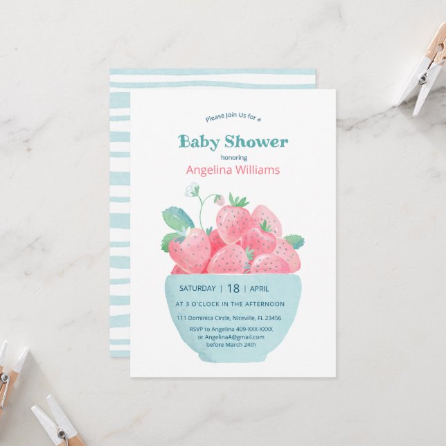 Baby shower invitation avec fraises mignonnes (Devant/Arrière en situation)