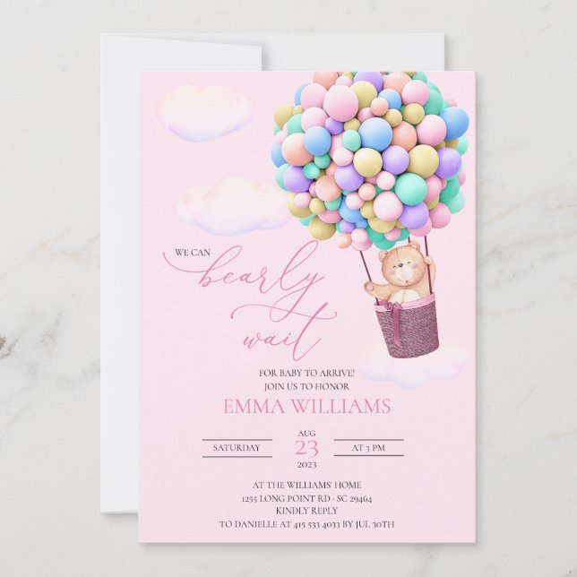 Baby shower Invitation Bear Boloons Bearly Wait! (Devant)