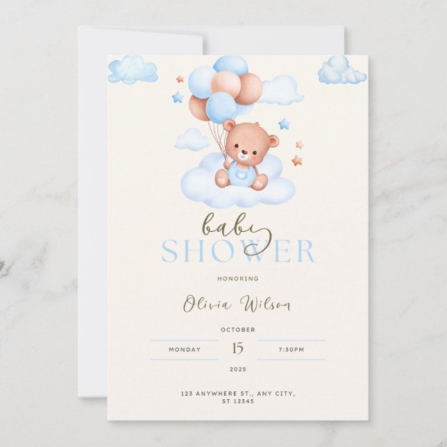 Baby shower Invitation, Bébé garçon ours invitatio (Devant)