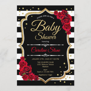 Baby shower Invitation Black White Stripes Roses