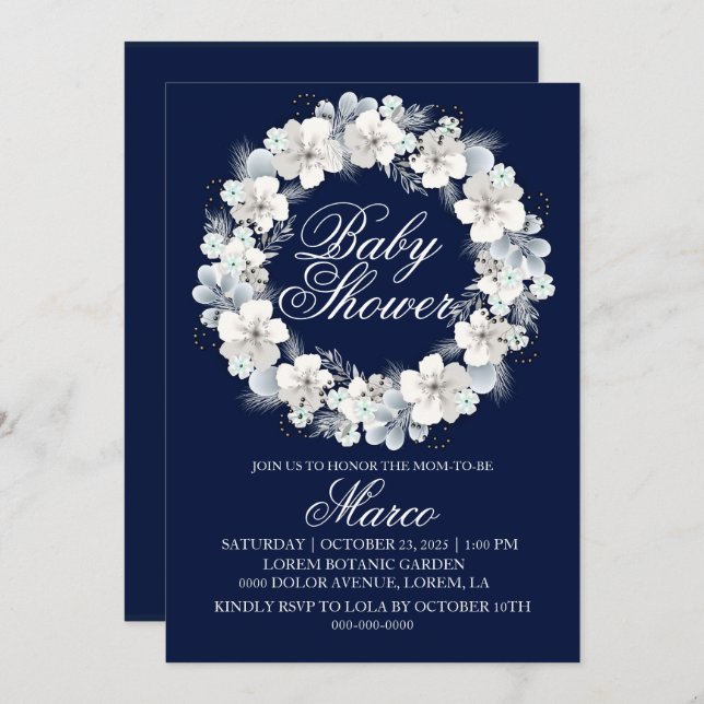 Baby shower invitation blanc sakura marine bleu (Devant / Derrière)