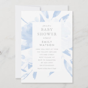 Baby shower Invitation Bleu Floral Aquarelle