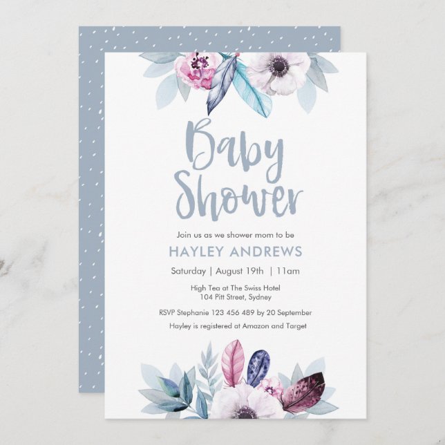 Baby shower invitation bleu violet plumes florales (Devant / Derrière)