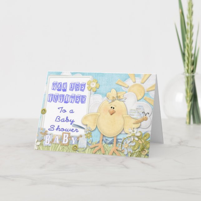 Baby shower Invitation Blue Little Chick (Devant)