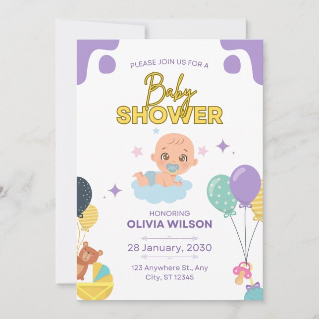 Baby Shower Invitation Blue Minimal Elegant (Devant)