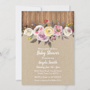Baby shower Invitation Burlap Wood Floral Rustic P