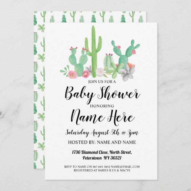 Baby shower Invitation Cactus Imprimer Aquarelle (Devant / Derrière)