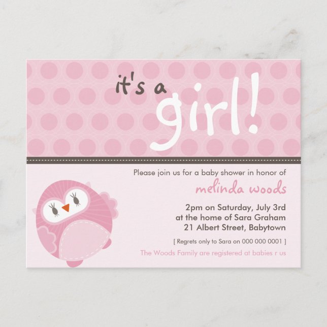 BABY SHOWER INVITATION :: c'est un hibou fille 4 (Devant)
