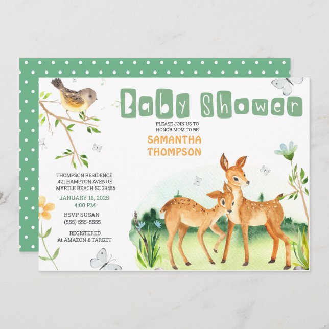 Baby shower Invitation de mignons cerfs garçons (Devant / Derrière)