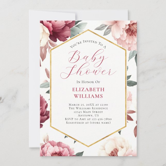 Baby shower Invitation de Peonies de Bourgogne ros (Devant)