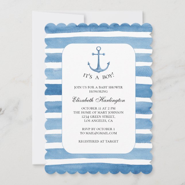 Baby shower. Invitation de yacht d'ancrage bleu (Devant)