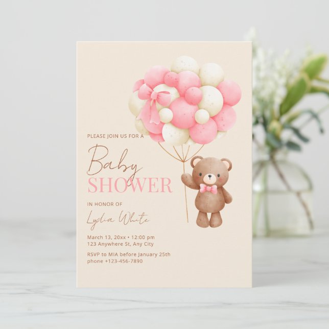 Baby shower Invitation fille, Pink Baby Teddy Bear (Debout devant)