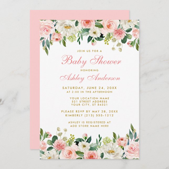 Baby Shower Invitation Fleurie Rose Pâle et Or (Devant / Derrière)