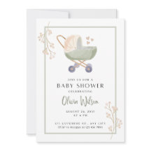 baby shower invitation fleurs vertes pram