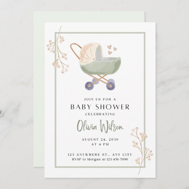 baby shower invitation fleurs vertes pram (Devant / Derrière)