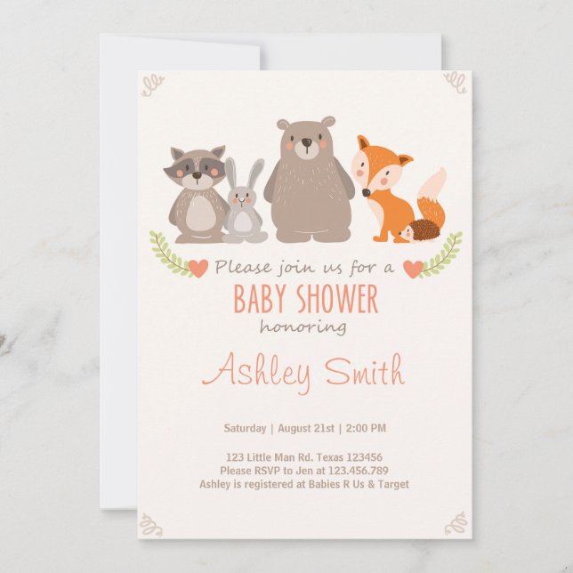 Baby shower invitation Forêt d'animaux (Devant)