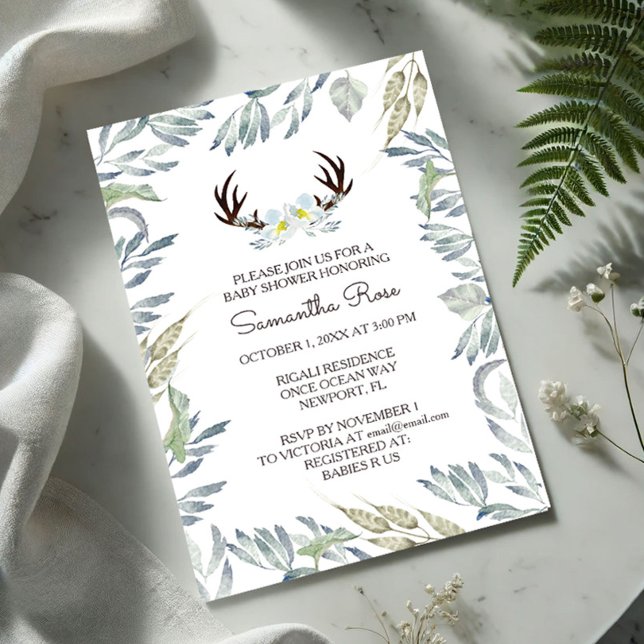 Baby shower Invitation garçon, rustique (Baby shower invitations features deer antlers, flowers and a boarder or greenery by VG Invites)