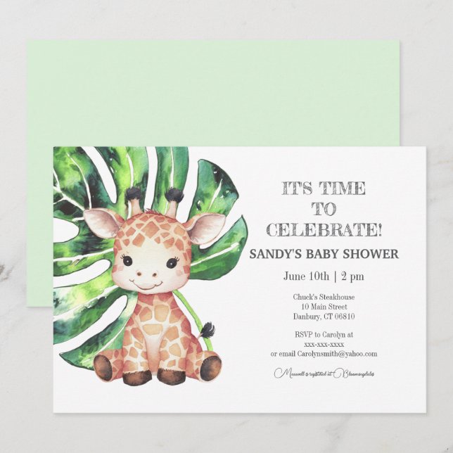 Baby shower Invitation Giraffe safari (Devant / Derrière)