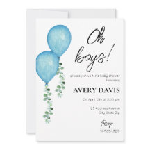 Baby shower Invitation Jumeaux Ballons Bleus Garço