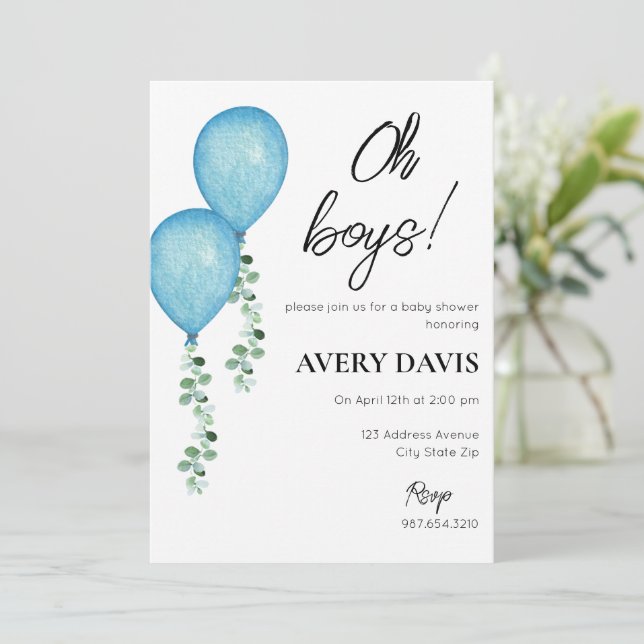 Baby shower Invitation Jumeaux Ballons Bleus Garço (Debout devant)
