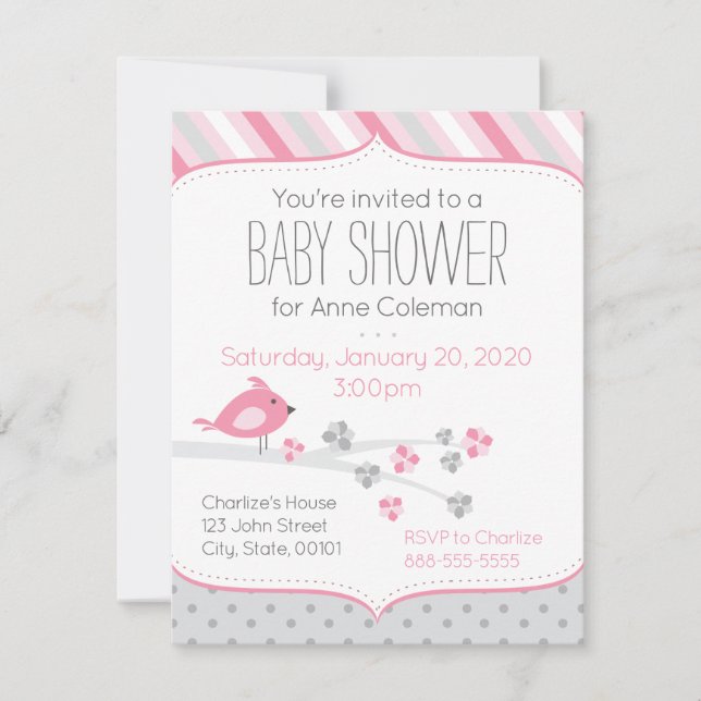 Baby shower Invitation Oiseau sur un thème rose de (Devant)