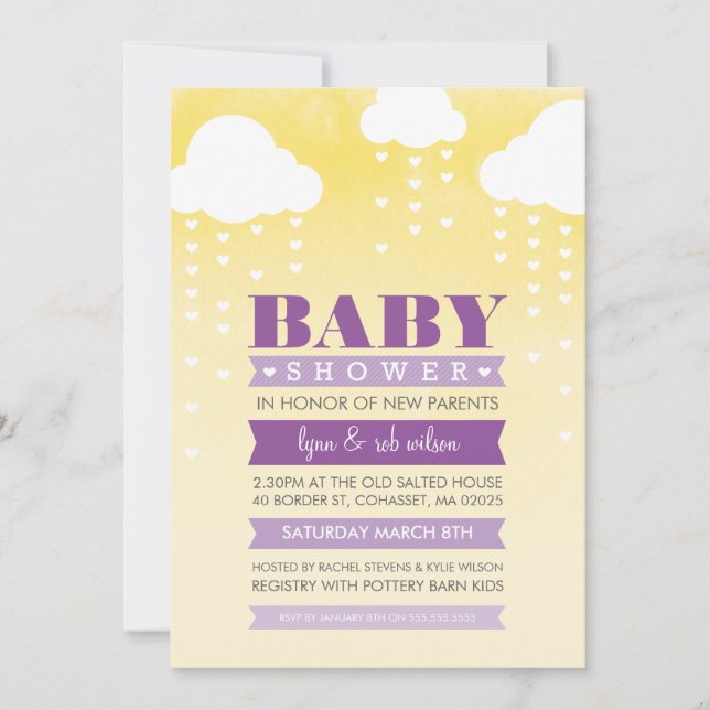 BABY SHOWER INVITATION ombre aquarelle violet jaun (Devant)
