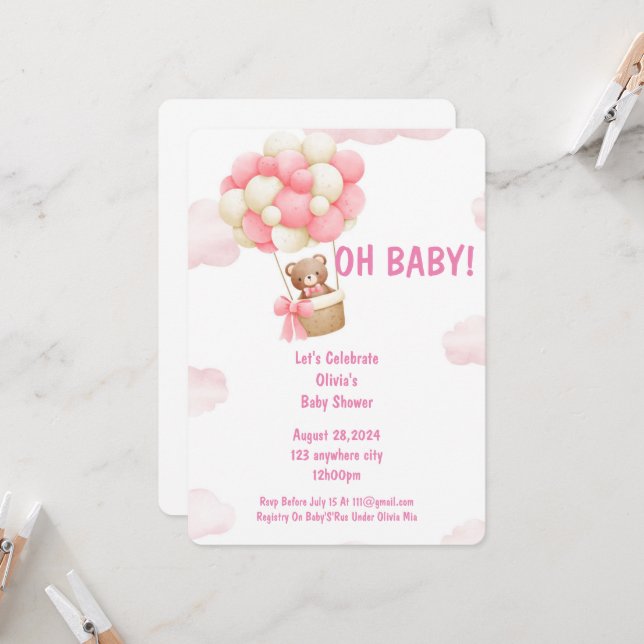 baby shower invitation rose pour les filles (Devant/Arrière en situation)