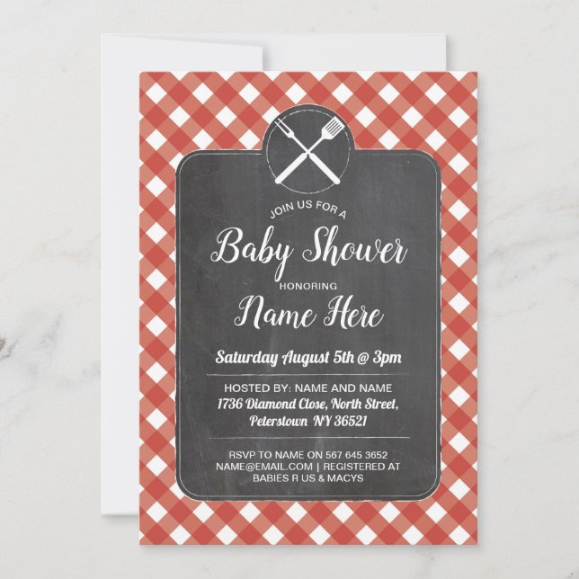 Baby shower Invitation Rouge En vichy Chalk style  (Devant)