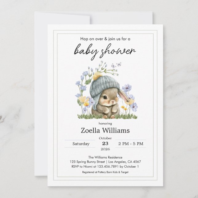 Baby Shower Invitation Simple Flowers Bunny (Devant)