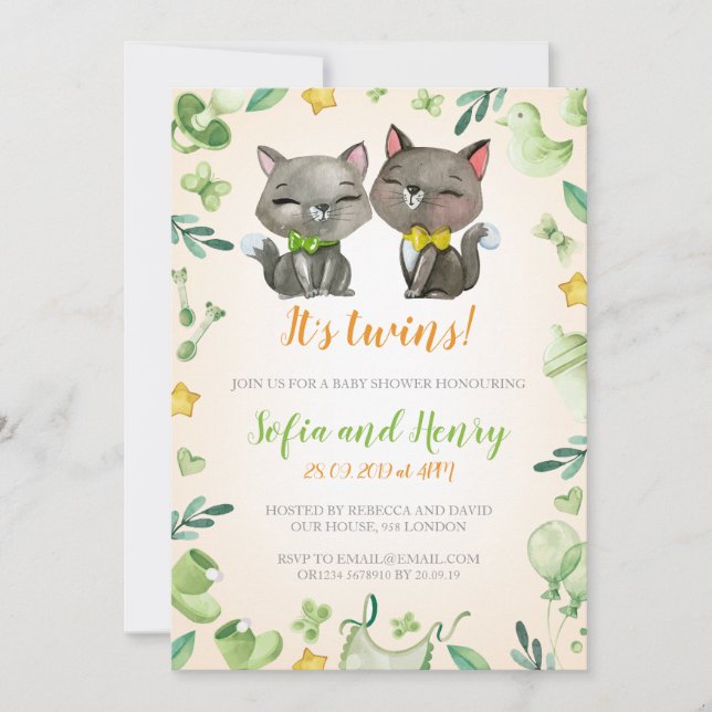 Baby shower Invitation Twins| Neutre| Chats mignon (Devant)