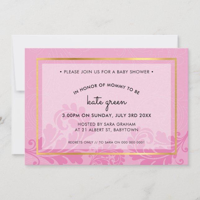 BABY SHOWER INVITATIONS mignon fleuris or rose pâl (Devant)