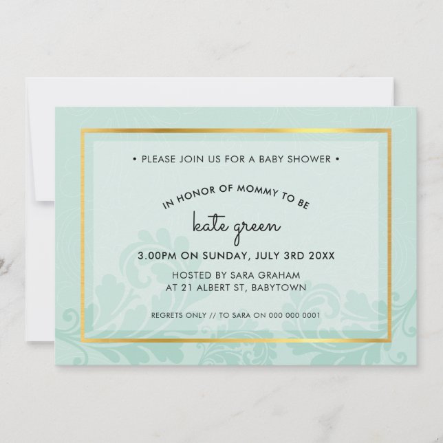 BABY SHOWER INVITATIONS mignon or menthe fleurie (Devant)