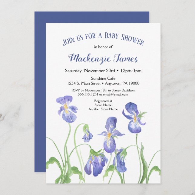 Baby shower Iris violet Invitation Printemps Flora (Devant / Derrière)