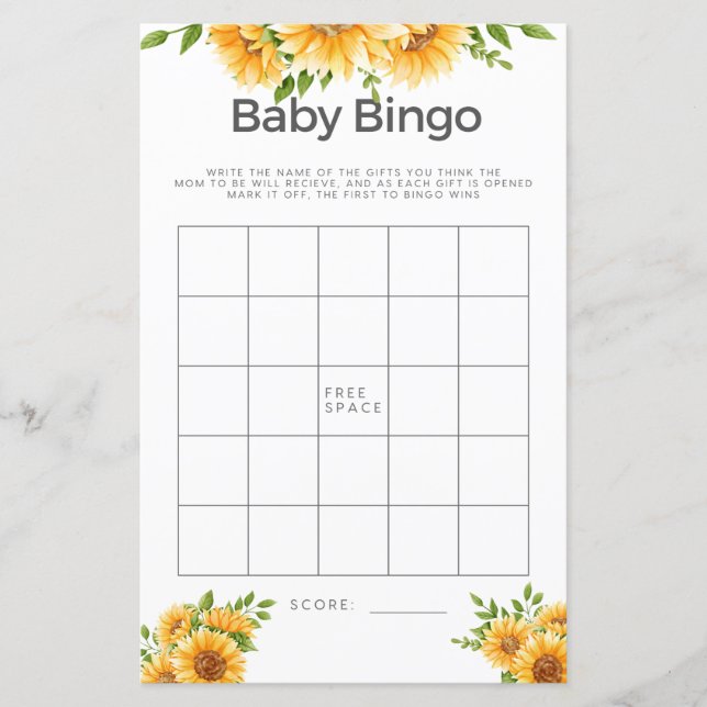 Baby shower Jeu Bingo Bingo Fleurs de soleil jaune (Devant)