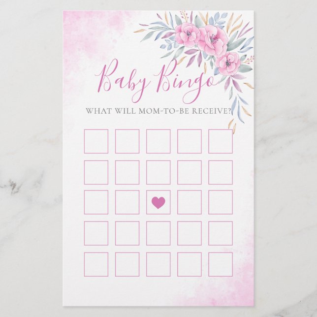 Baby shower Jeu Fleurs de Bingo Aquarelle rose (Devant)