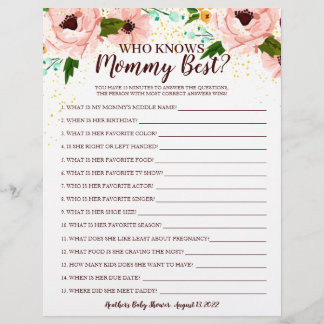 Baby shower Jeu Qui Connaît Maman Confetti Floral