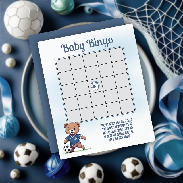 Baby shower Joueur de soccer Bearly Wait (Cute Blue Teddy Bear Soccer Player Boy Baby Shower "Baby Bingo" Game Card)