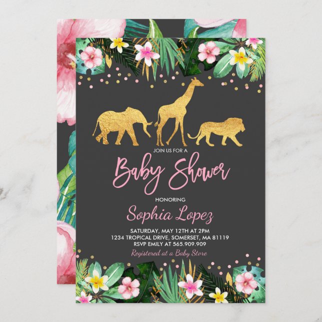 Baby shower Jungle Invitation Baby shower tropical (Devant / Derrière)